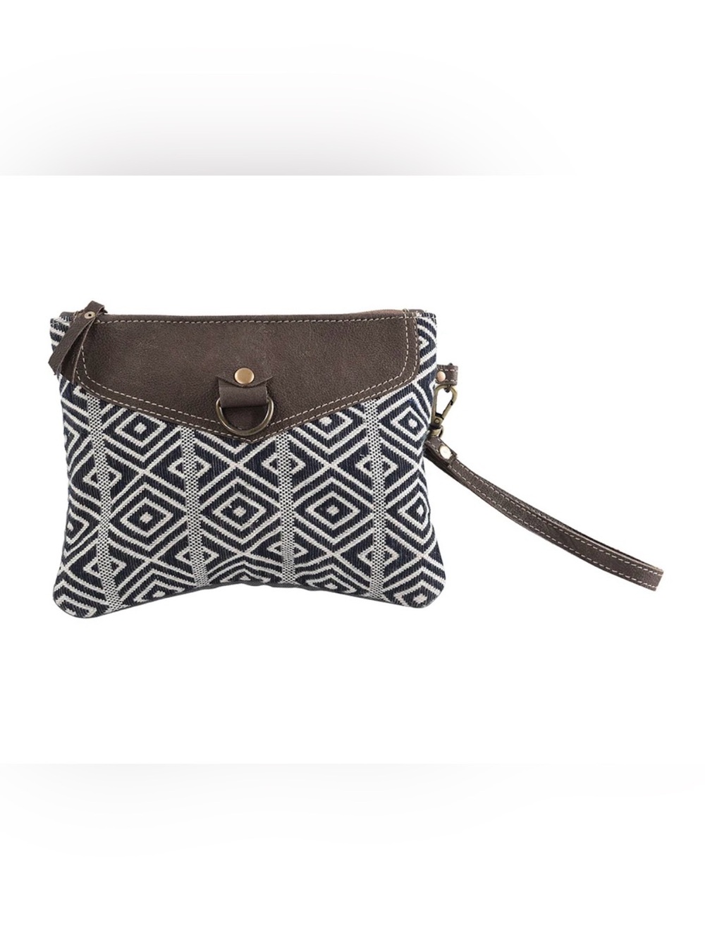 Western Woven Geo-Print Wristlet Clutch in Navy and Brown